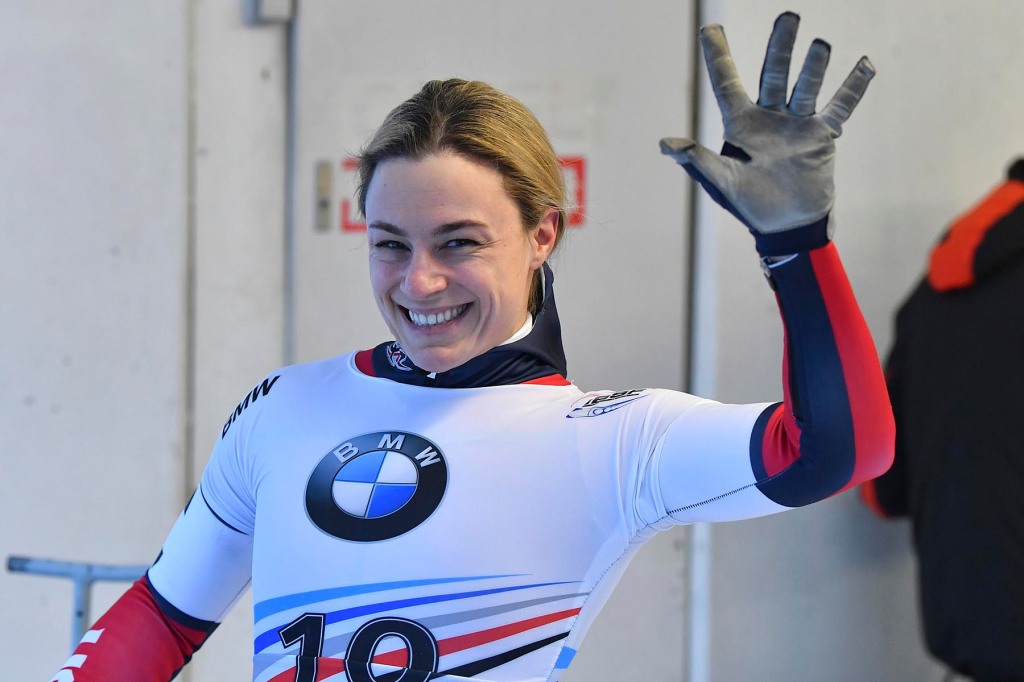 United States's third placed Megan Henry reacts in the finish area after the women's Skeleton World Cup race in Igls, near Innsbruck, Austria, Friday, Jan. 17, 2020. (AP Photo/Kerstin Joensson)