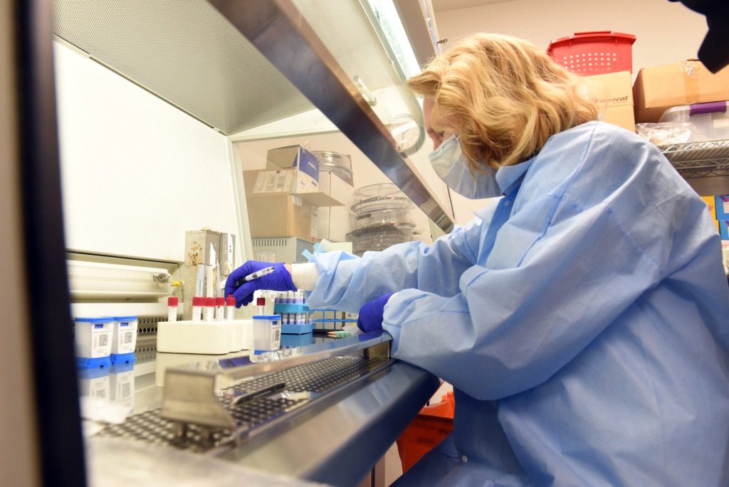 Lab Technician Kathy Strauss conducts PCR testing for subjects participating in the Pfizer mRNA COVID-19 vaccine Study at the University of Maryland School of Medicine in Baltimore.