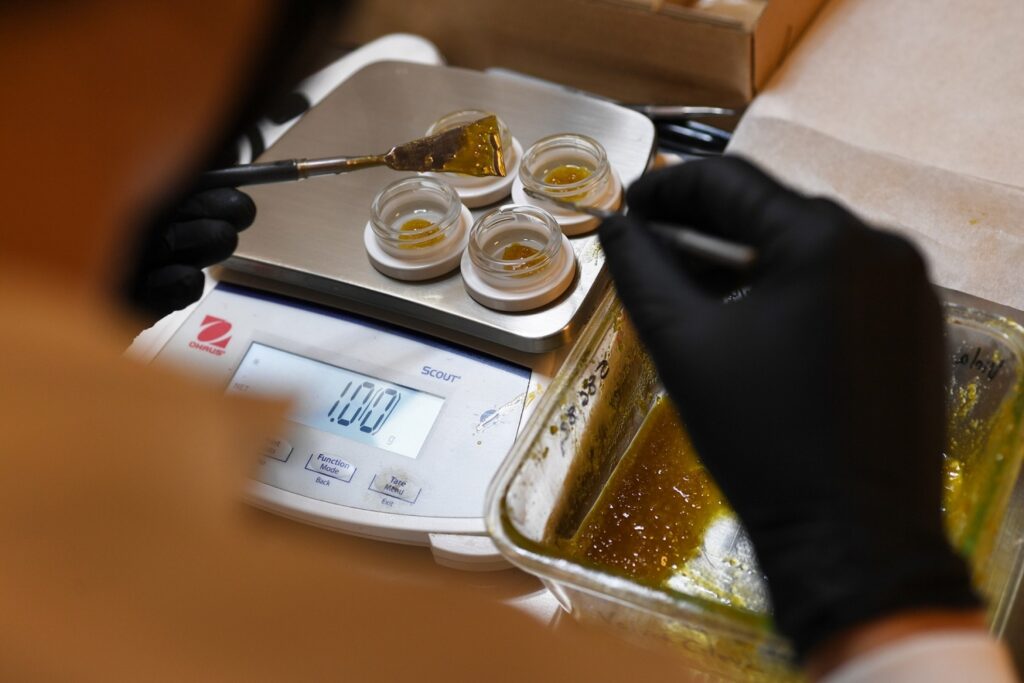 DENVER, CO - MARCH 10 : 1g of marijuana concentrates are weighed before packing at Viola in Denver, Colorado on Wednesday, March 10, 2021. (Photo by Hyoung Chang/MediaNews Group/The Denver Post via Getty Images)