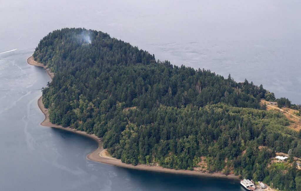 Smoke rises from the site on Ketron Island in Washington state where an Horizon Air turboprop plane crashed Friday after it was stolen from Sea-Tac International Airport as seen from the air, Saturday, Aug. 11, 2018, near Steilacoom, Wash. Investigators were working to find out how an airline employee stole the plane Friday and crashed it after being chased by military jets that were quickly scrambled to intercept the aircraft. (AP Photo/Ted S. Warren)