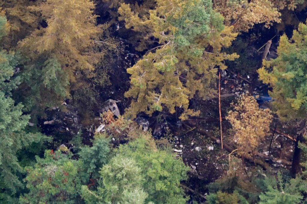 The site on Ketron Island in Washington state where an Horizon Air turboprop plane crashed Friday after it was stolen from Sea-Tac International Airport is seen from the air, Saturday, Aug. 11, 2018, near Steilacoom, Wash. Investigators were working to find out how an airline employee stole the plane Friday and crashed it after being chased by military jets that were quickly scrambled to intercept the aircraft. (AP Photo/Ted S. Warren)