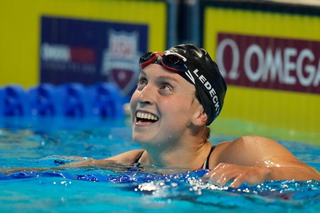 Katie Ledecky reacts after the women's 800 freestyle during wave 2 of the U.S. Olympic Swim Trials on Saturday, June 19, 2021, in Omaha, Neb. (AP Photo/Charlie Neibergall)