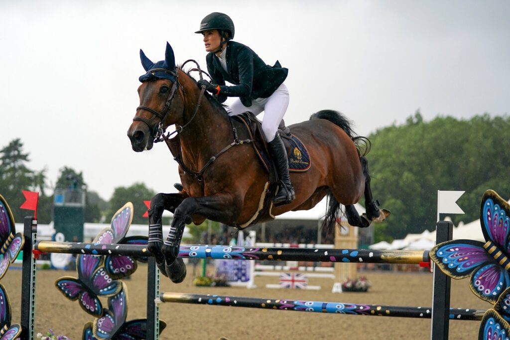 Royal Windsor Horse Show 2021. Jessica Springsteen riding Don Juan van de Donkhoeve competes in the Rolex Grand Prix at the Royal Windsor Horse Show, Windsor. Picture date: Sunday July 4, 2021. Photo credit should read: Steve Parsons/PA Wire URN:60747593 (Press Association via AP Images)