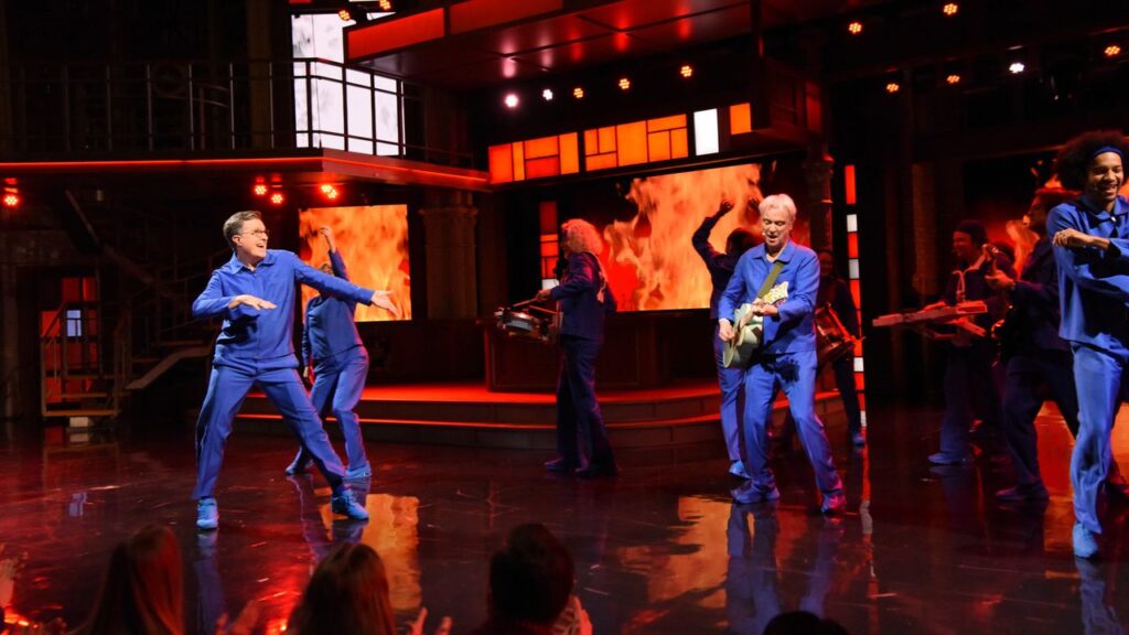 David Byrne and Stephen Colbert Deliver Fiery 'Burning Down the House' Performance